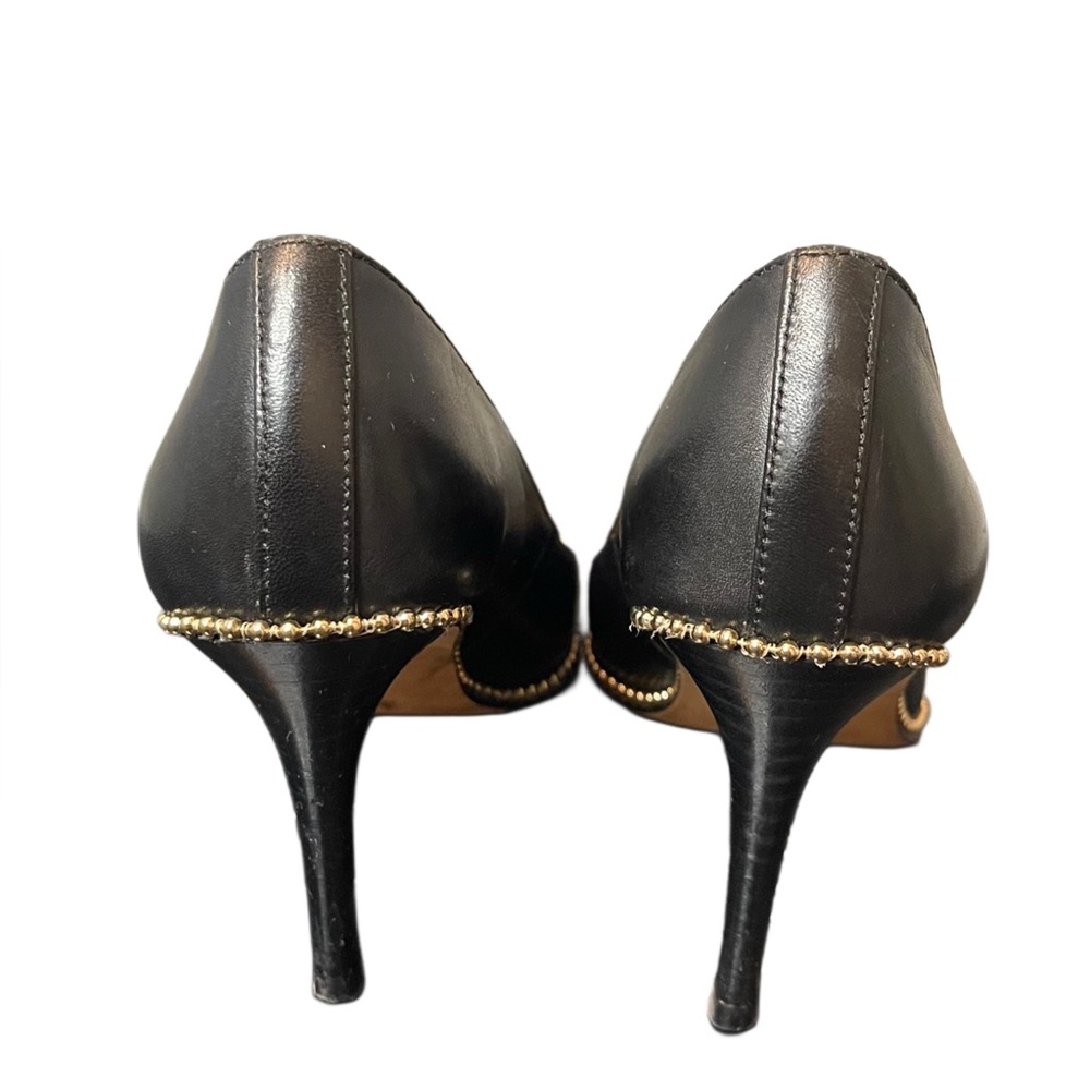 Coach Black Leather Pointed Toe Pumps with Gold Braided Trim - Picture 8 of 14